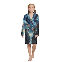 Enchanting Fantasy Night Sky Scene Kids  Long Sleeve Velvet Lounge Robe by ExtraAwesomeSauce