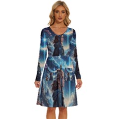 Enchanting Fantasy Night Sky Scene Long Sleeve Dress With Pocket by ExtraGoodSauce