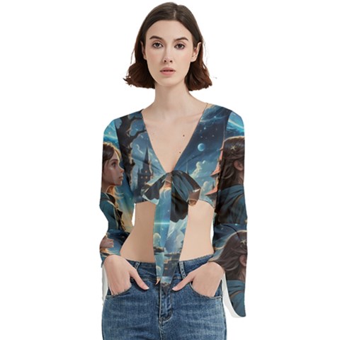 Enchanting Fantasy Night Sky Scene Trumpet Sleeve Cropped Top by ExtraAwesomeSauce