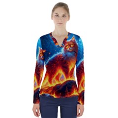 Enchanted Fire Feline V-neck Long Sleeve Top