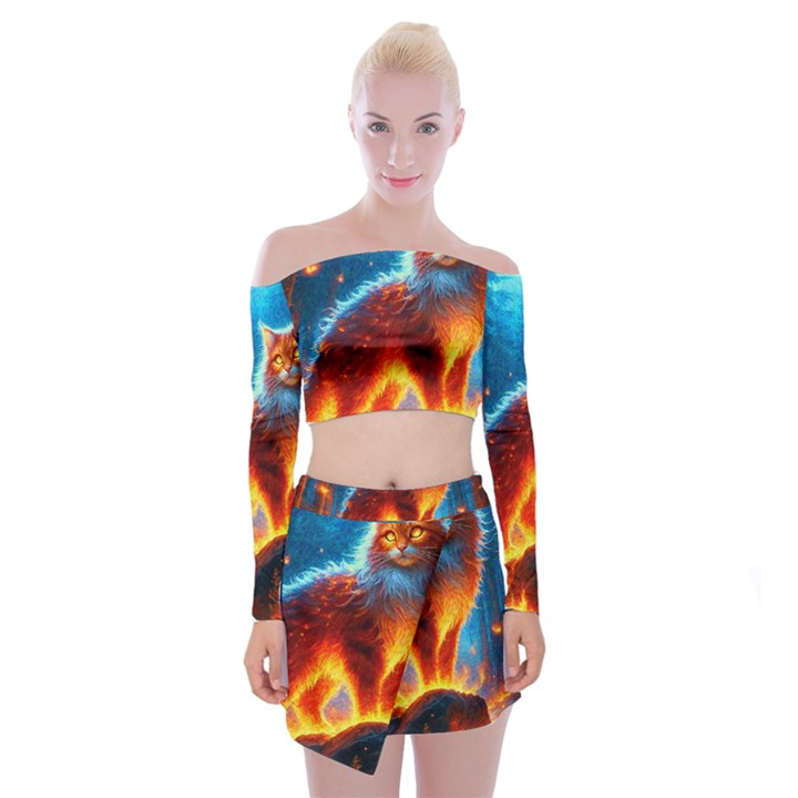 Enchanted Fire Feline Off Shoulder Top with Mini Skirt Set