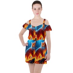 Enchanted Fire Feline Ruffle Cut Out Chiffon Playsuit by ExtraGoodSauce