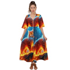 Enchanted Fire Feline Kimono Sleeve Boho Dress