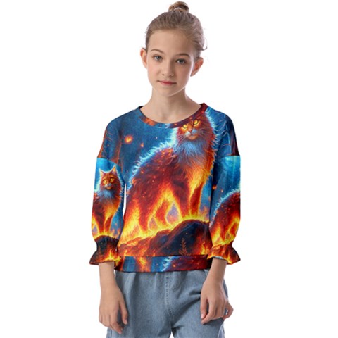 Enchanted Fire Feline Kids  Cuff Sleeve Top by ExtraGoodSauce