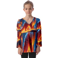 Enchanted Fire Feline Kids  V Neck Casual Top by ExtraGoodSauce