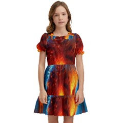 Enchanted Fire Feline Kids  Puff Sleeved Dress