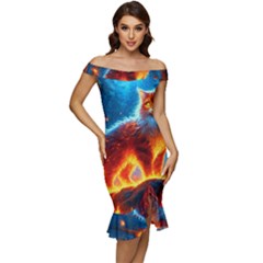 Enchanted Fire Feline Off Shoulder Ruffle Split Hem Bodycon Dress by ExtraGoodSauce