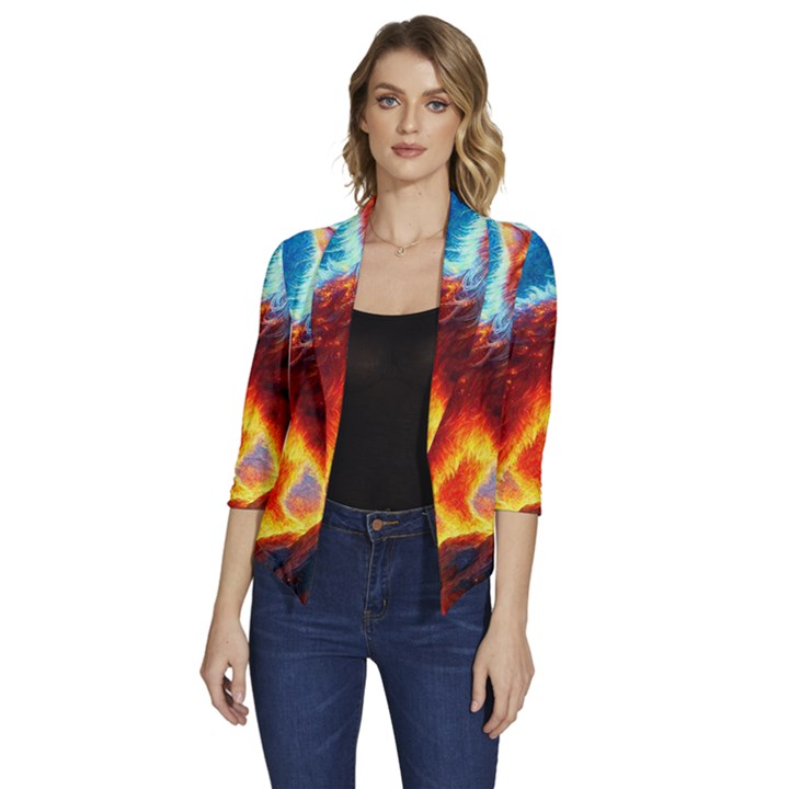 Enchanted Fire Feline Women s Draped Front 3/4 Sleeve Shawl Collar Jacket