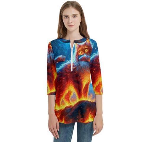 Enchanted Fire Feline Women s Zip Front V-neck 3/4 Sleeve Casual Top Pocket Shirt by ExtraGoodSauce