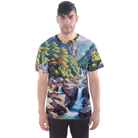 Serene Mountain Waterfall Landscape Men s Sport Mesh T-shirt by ExtraGoodSauce