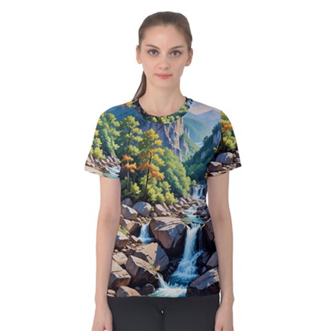 Serene Mountain Waterfall Landscape Women s Cotton T-shirt by ExtraGoodSauce