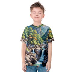 Serene Mountain Waterfall Landscape Kids  Cotton T-shirt