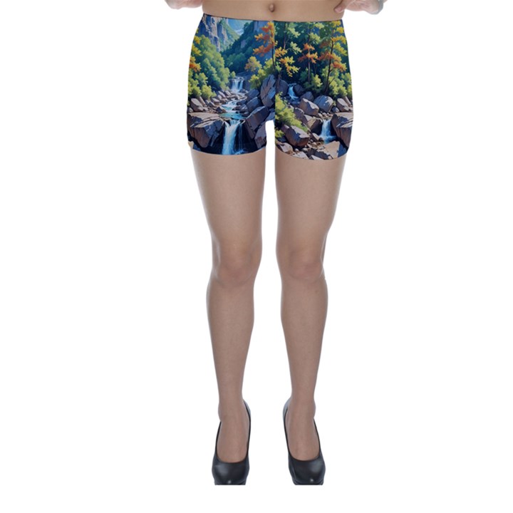 Serene Mountain Waterfall Landscape Skinny Shorts