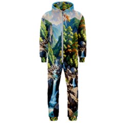 Serene Mountain Waterfall Landscape Hooded Jumpsuit (men)