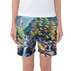 Serene Mountain Waterfall Landscape Women s Basketball Shorts