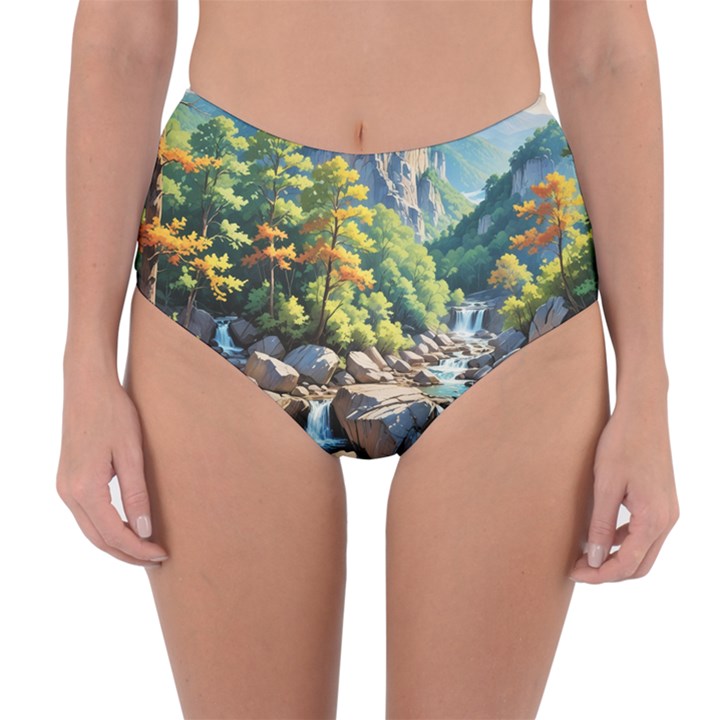 Serene Mountain Waterfall Landscape Reversible High-Waist Bikini Bottoms