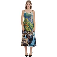 Serene Mountain Waterfall Landscape Casual Spaghetti Strap Midi Dress by ExtraGoodSauce