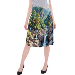 Serene Mountain Waterfall Landscape Midi Beach Skirt