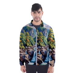 Serene Mountain Waterfall Landscape Men s Windbreaker