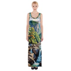 Serene Mountain Waterfall Landscape Thigh Split Maxi Dress