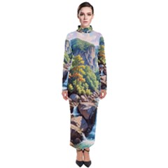 Serene Mountain Waterfall Landscape Turtleneck Maxi Dress