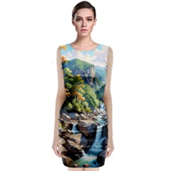 Serene Mountain Waterfall Landscape Classic Sleeveless Midi Dress by ExtraGoodSauce