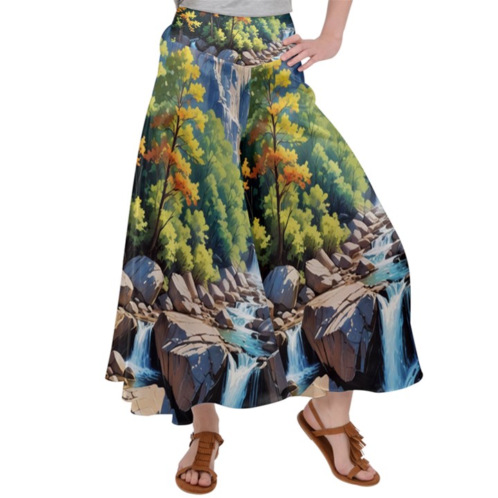 Serene Mountain Waterfall Landscape Women s Satin Palazzo Pants