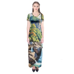 Serene Mountain Waterfall Landscape Short Sleeve Maxi Dress