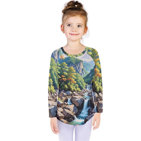 Serene Mountain Waterfall Landscape Kids  Long Sleeve T-shirt by ExtraGoodSauce