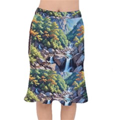 Serene Mountain Waterfall Landscape Short Mermaid Skirt