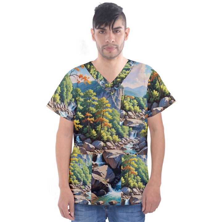 Serene Mountain Waterfall Landscape Men s V-Neck Scrub Top