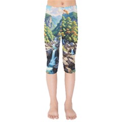 Serene Mountain Waterfall Landscape Kids  Capri Leggings  by ExtraGoodSauce