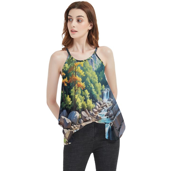 Serene Mountain Waterfall Landscape Flowy Camisole Tank Top