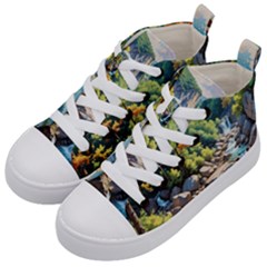 Serene Mountain Waterfall Landscape Kids  Mid-top Canvas Sneakers by ExtraGoodSauce