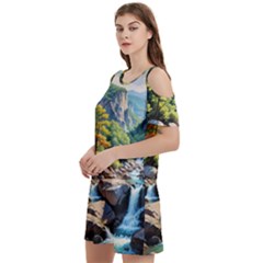 Serene Mountain Waterfall Landscape Women s Cold Shoulder Round Neck Mini Dress by ExtraGoodSauce