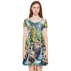 Serene Mountain Waterfall Landscape Inside Out Cap Sleeve Dress