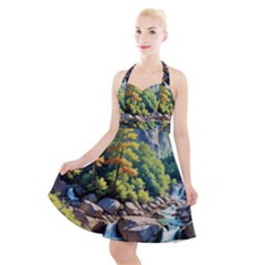 Serene Mountain Waterfall Landscape Halter Party Swing Dress  by ExtraGoodSauce