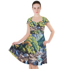 Serene Mountain Waterfall Landscape Cap Sleeve Midi Dress With Pockets by ExtraGoodSauce