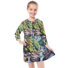 Serene Mountain Waterfall Landscape Kids  Quarter Sleeve Shirt Dress by ExtraGoodSauce