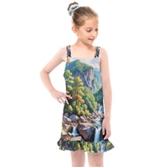 Serene Mountain Waterfall Landscape Kids  Overall Dress by ExtraAwesomeSauce