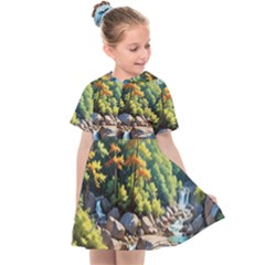 Serene Mountain Waterfall Landscape Kids  Sailor Dress by ExtraGoodSauce