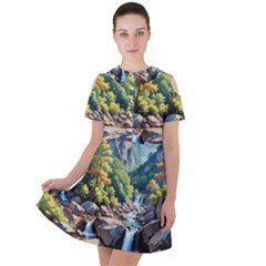 Serene Mountain Waterfall Landscape Short Sleeve Shoulder Cut Out Dress 