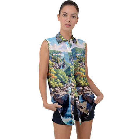 Serene Mountain Waterfall Landscape Sleeveless Chiffon Button Shirt by ExtraAwesomeSauce