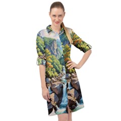 Serene Mountain Waterfall Landscape Long Sleeve Mini Shirt Dress