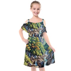 Serene Mountain Waterfall Landscape Kids  Cut Out Shoulders Chiffon Dress by ExtraGoodSauce