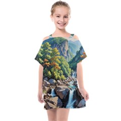 Serene Mountain Waterfall Landscape Kids  One Piece Chiffon Dress