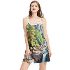 Serene Mountain Waterfall Landscape Summer Frill Dress