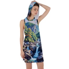 Serene Mountain Waterfall Landscape Racer Back Hoodie Dress by ExtraGoodSauce