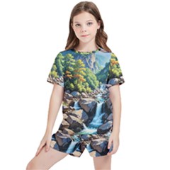 Serene Mountain Waterfall Landscape Kids  T-shirt And Sports Shorts Set