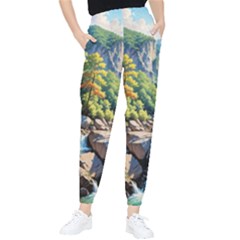 Serene Mountain Waterfall Landscape Women s Tapered Pants by ExtraGoodSauce